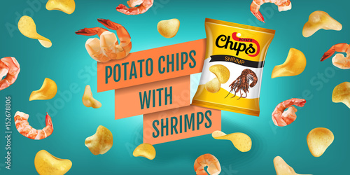 Potato chips ads. Vector realistic illustration of potato chips with shrimps. Horizontal banner with product.