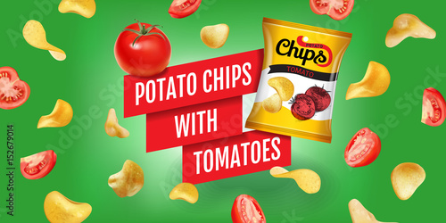 Potato chips ads. Vector realistic illustration of potato chips with tomatoes. Horizontal banner with product.