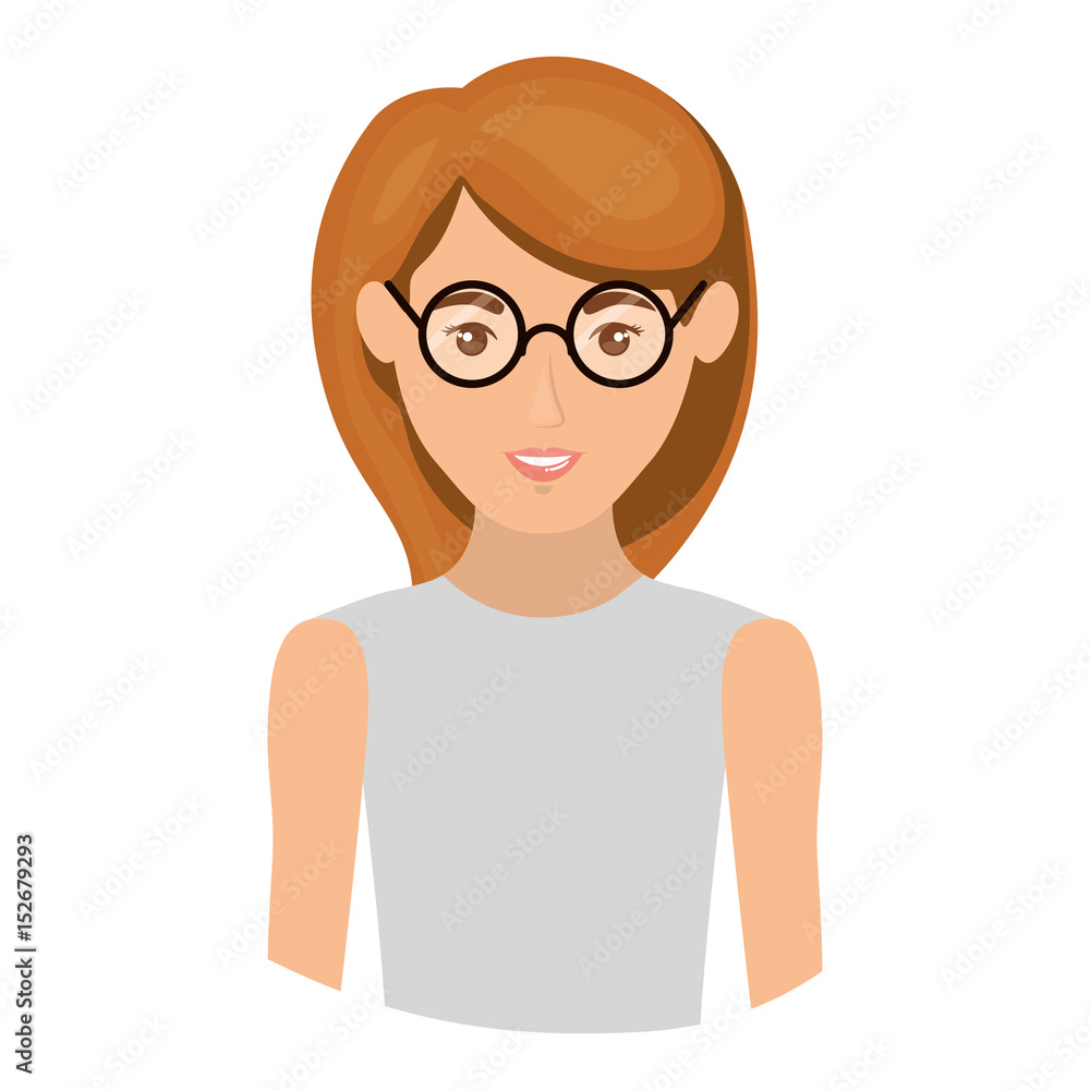 colorful portrait half body of woman with glasses and sleeveless shirt vector illustration