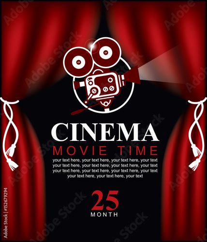 Vector movie time poster with cinema Red Curtains and projector lights. Movie background with text place. Can used for banner, poster, web page, background