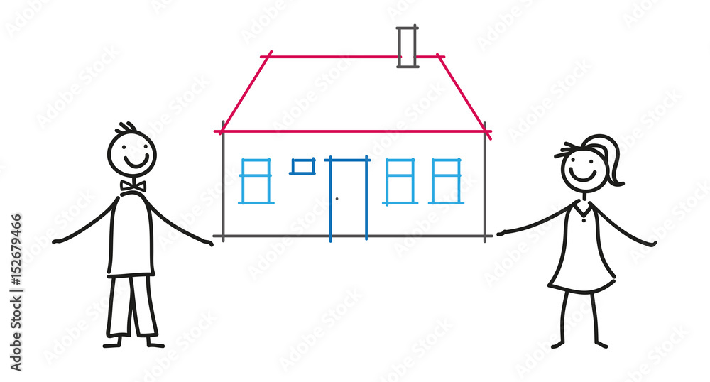 Junge Familie baut ein Haus, Eigenheim kaufen, Hauskauf, Hausbau, Besitz und Eigentum schaffen, vektor isoliert