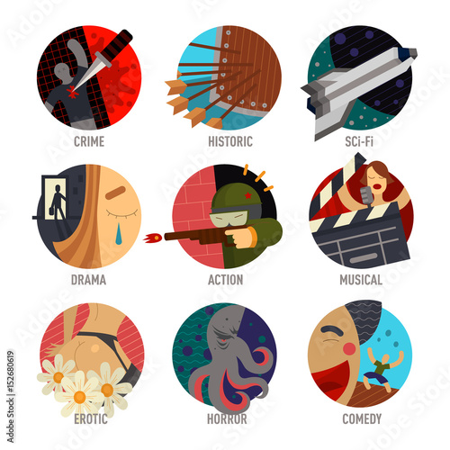 Genre cinema set icons cinematography comedy flat entertainment movie symbol vector illustration.