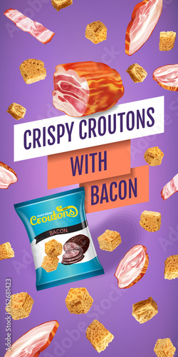 Vector realistic illustration of croutons with bacon.