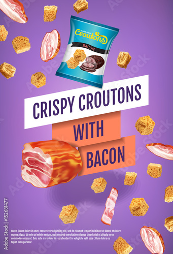 Vector realistic illustration of croutons with bacon.