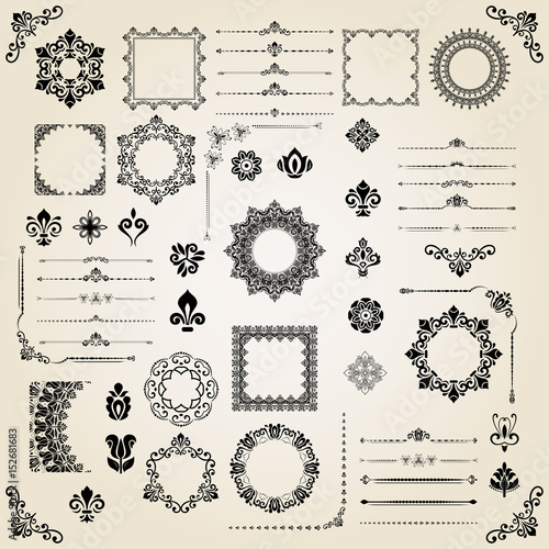 Vintage set of classic elements. Different elements for decoration and design frames, cards, menus, backgrounds and monograms. Classic patterns. Set of vintage patterns