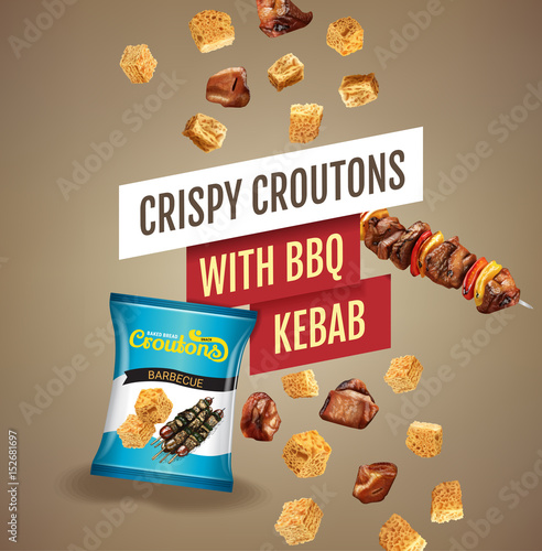 Vector realistic illustration of croutons with BBQ kebab.