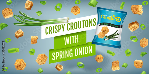Vector realistic illustration of croutons with spring onion. photo