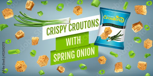 Vector realistic illustration of croutons with spring onion.
