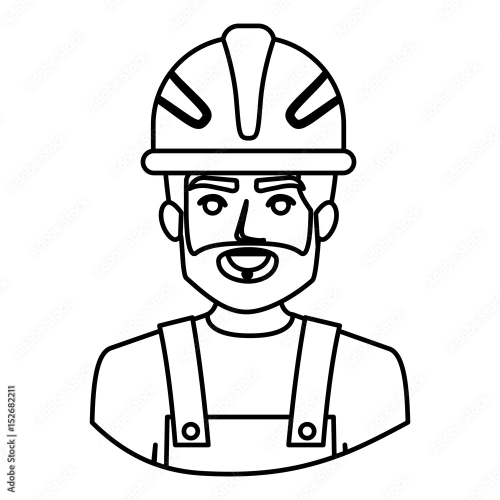 monochrome contour half body of bearded male worker with helmet vector illustration