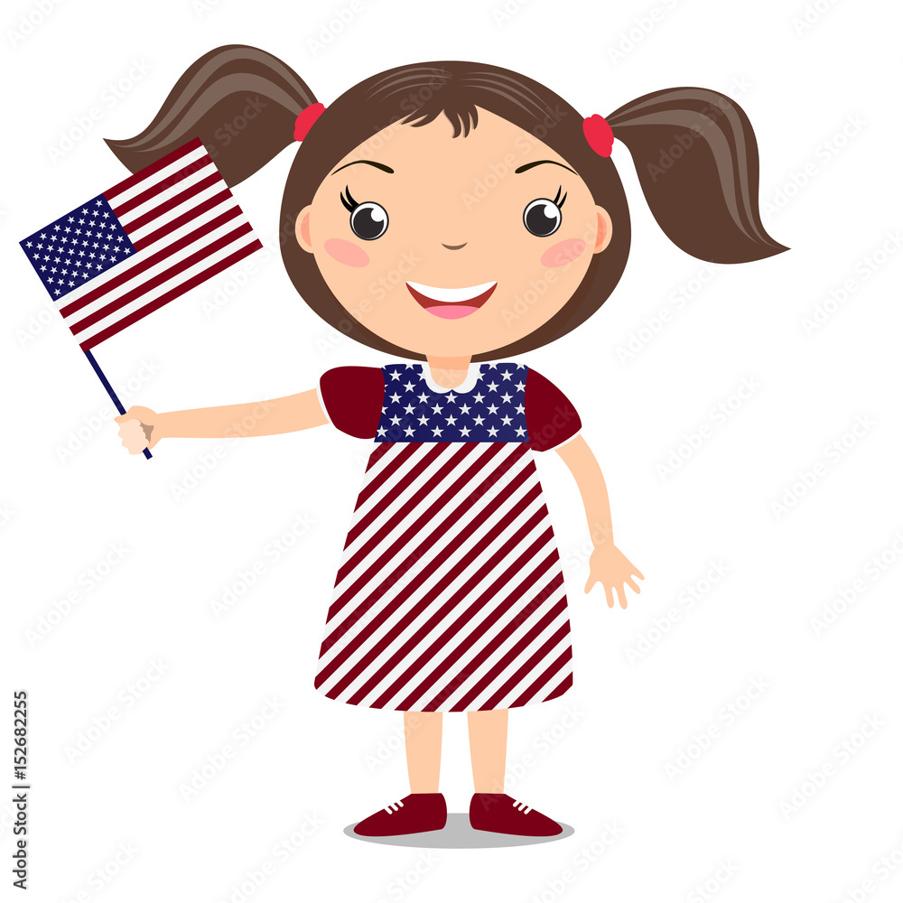 Smiling child, girl, holding a American flag isolated on white