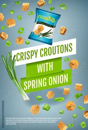 CriVector realistic illustration of croutons with spring onion.