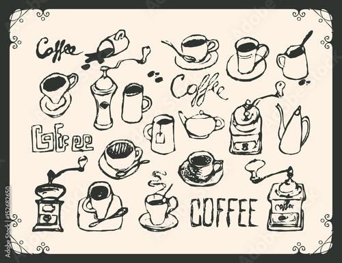 vector set of drawings on the theme of tea and coffee in a frame with curls and inscriptions on light background