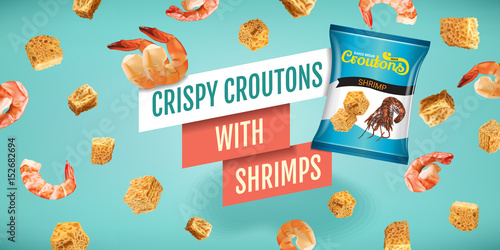 Vector realistic illustration of croutons with shrimps.