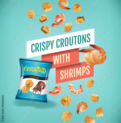 Vector realistic illustration of croutons with shrimps.