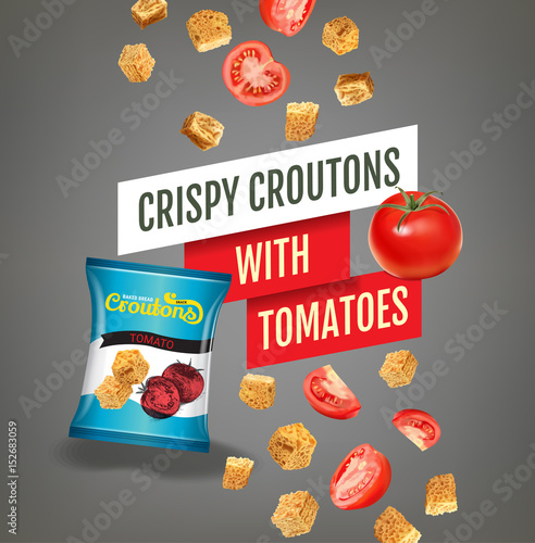Vector realistic illustration of croutons with tomato.