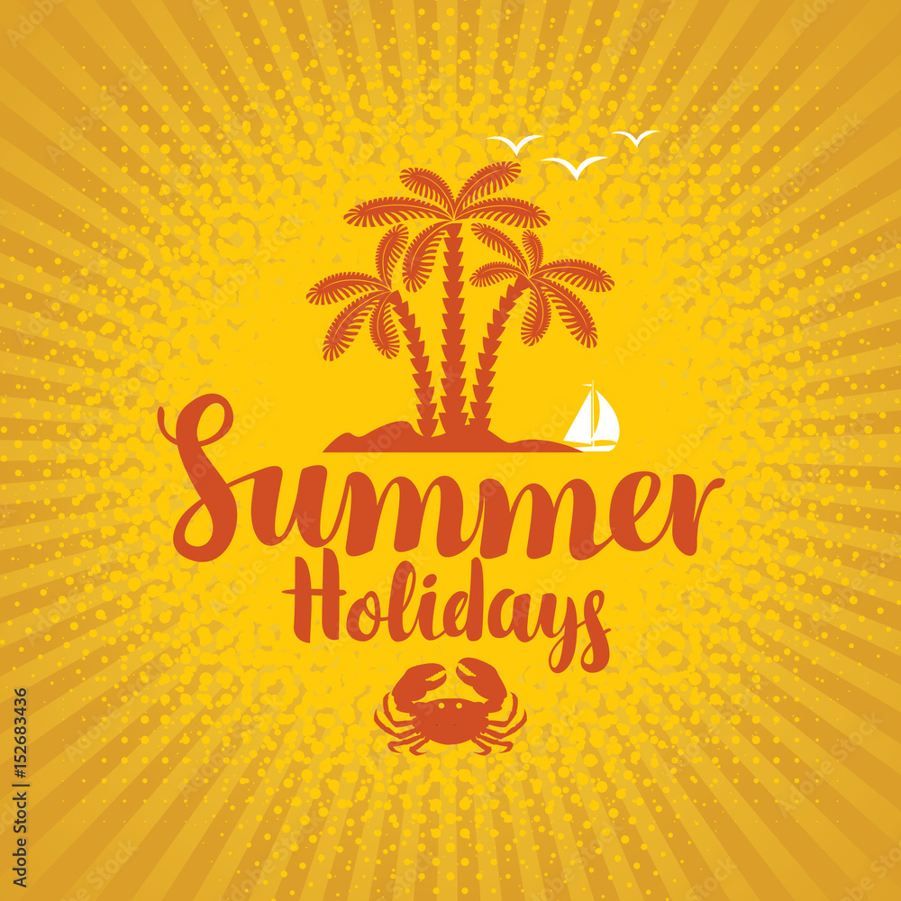 vector travel banner with island and palm trees on yellow background and the words summer holidays