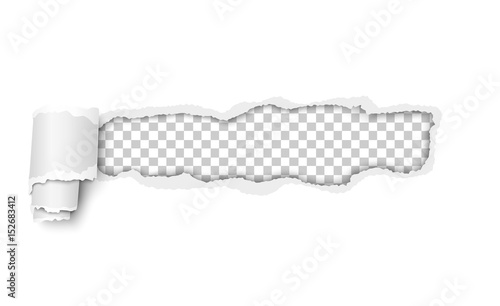 Vector snatched window in piece of white paper with torn edges and paper curl. Resulting window has transparent background and ready for any color and has space for text or ad. Template paper design.