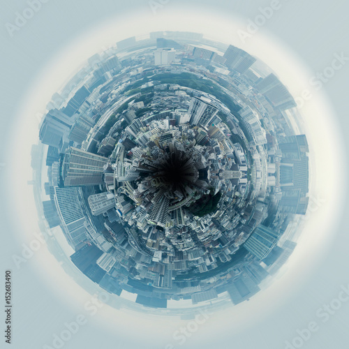 Circle panorama of urban city skyline, such as if they were taken with a fish-eye lens