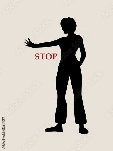 A young woman holding her hand in front to show stop gesture. Vector illustration