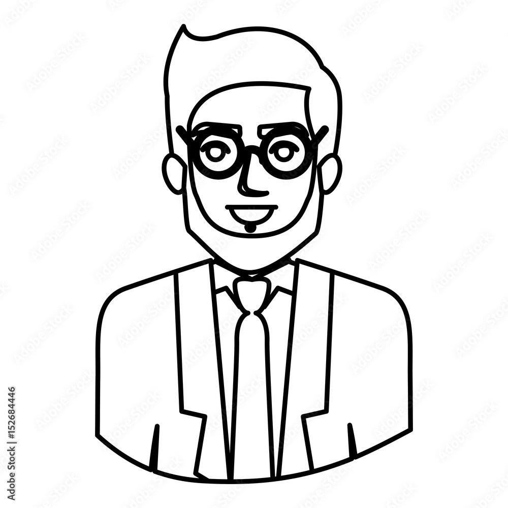 monochrome contour half body of man with beard and glasses and formal suit vector illustration