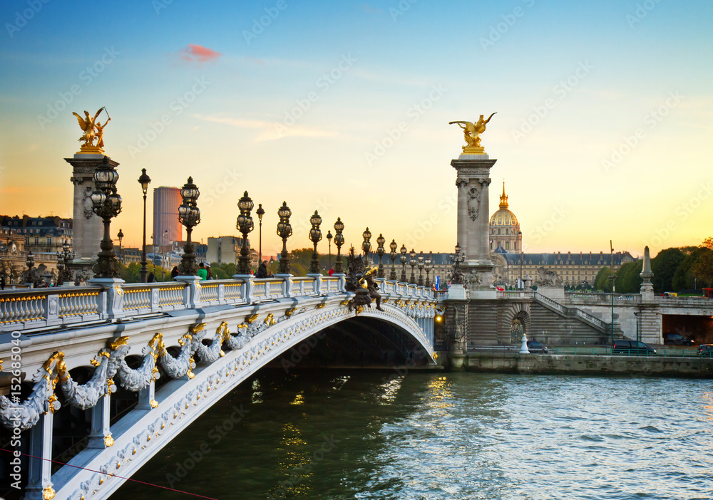 Bridge of Alexandre III at sunset in Paris, France, retro toned