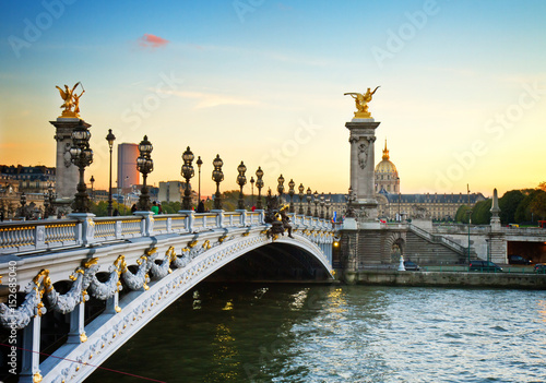 Bridge of Alexandre III at sunset in Paris, France, retro toned