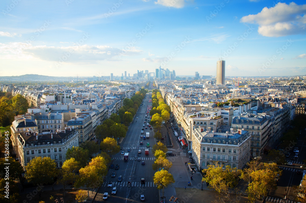 skyline of Paris city place de lEtoile towards La Defense district, France, retro toned