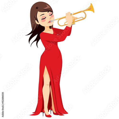 Beautiful young female trumpet player with red elegant dress on concert