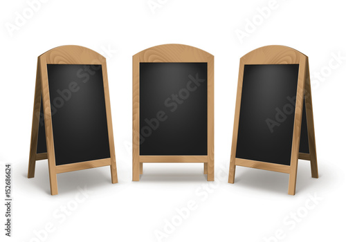 Vector Set of Wooden Empty Blank Advertising Street Sandwich Stands Sidewalk Signs Black Menu Boards on White Background