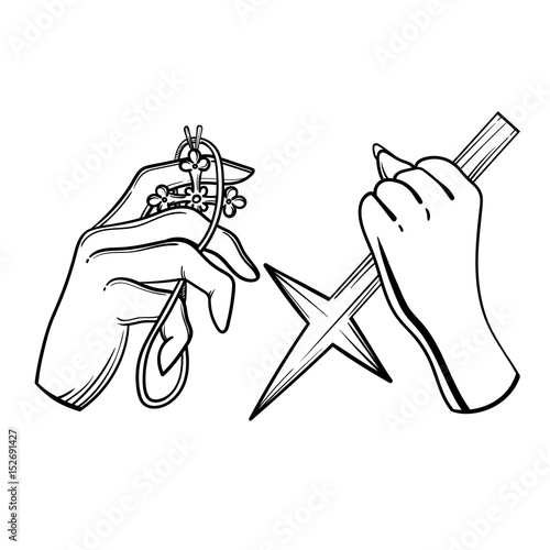 Attributes cross and count.. Vector illustration with hands of a vampire hunter.