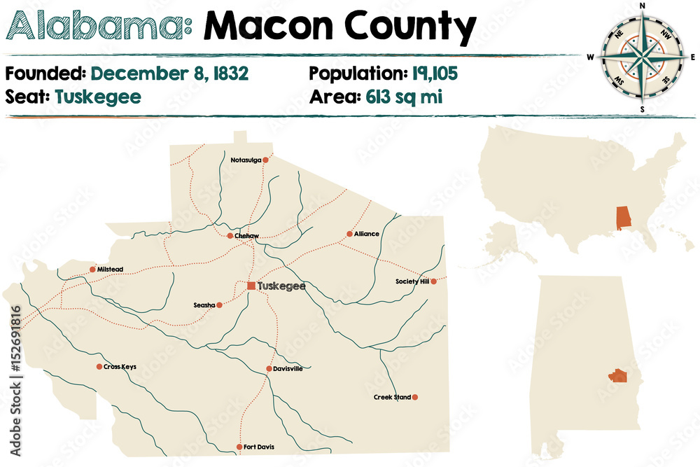 Large and detailed map of Lowndes County in Alabama.