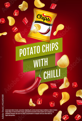 Vector realistic illustration with potato chips with chilli.