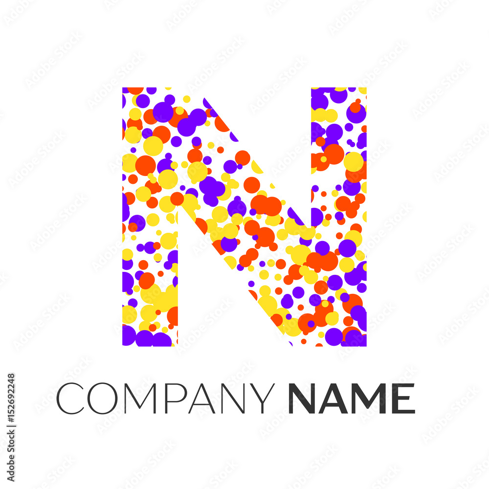 Letter N logo with purple, yellow, red particles and bubbles dots on ...