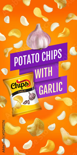 Vector realistic illustration with potato chips with garlic.
