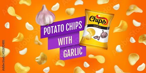Vector realistic illustration of potato chips with garlic.