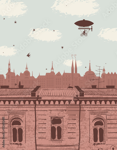 vector landscape with the roofs of the old town, cloudy sky, blimp and swallows in retro style