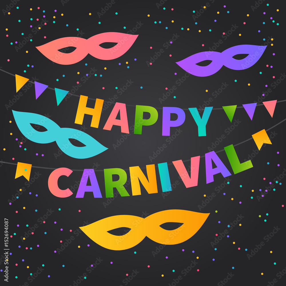 Happy Carnival card. Multicolored bright buntings garlands. Celebrate banner. Party flags with masks