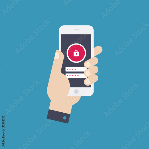 Hand holing smart phone with lock button on the screen. Data protection, locking. Flat design vector.