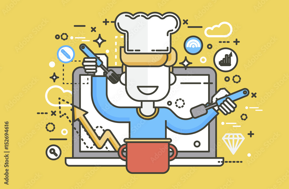 Vector illustration chef cook nutritionist dietician man HLS cooking training education recipe blog proper healthy eating lifestyle online TV show nutrition line art