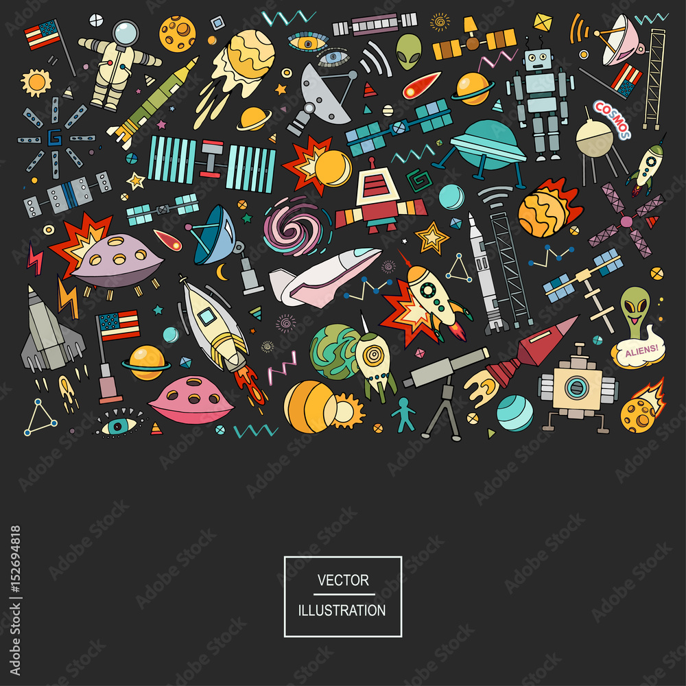 Cartoon vector illustration of space.Moon, planet, rocket, earth, cosmonaut, comet universe Classification milky way