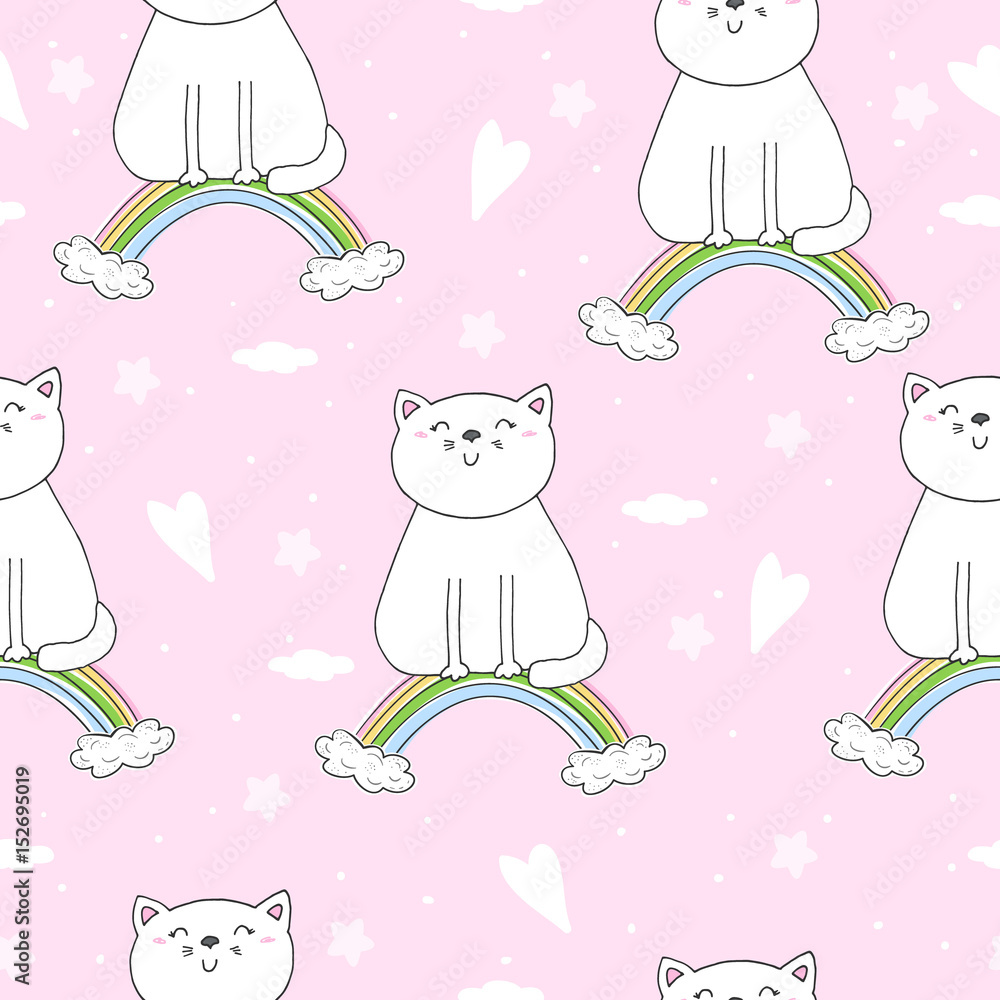 Hand drawn seamless pattern with cute cat on a rainbow, doodle illustration for kids vector print Hand drawn seamless pattern with cute cat on a rainbow, doodle illustration for kids vector print