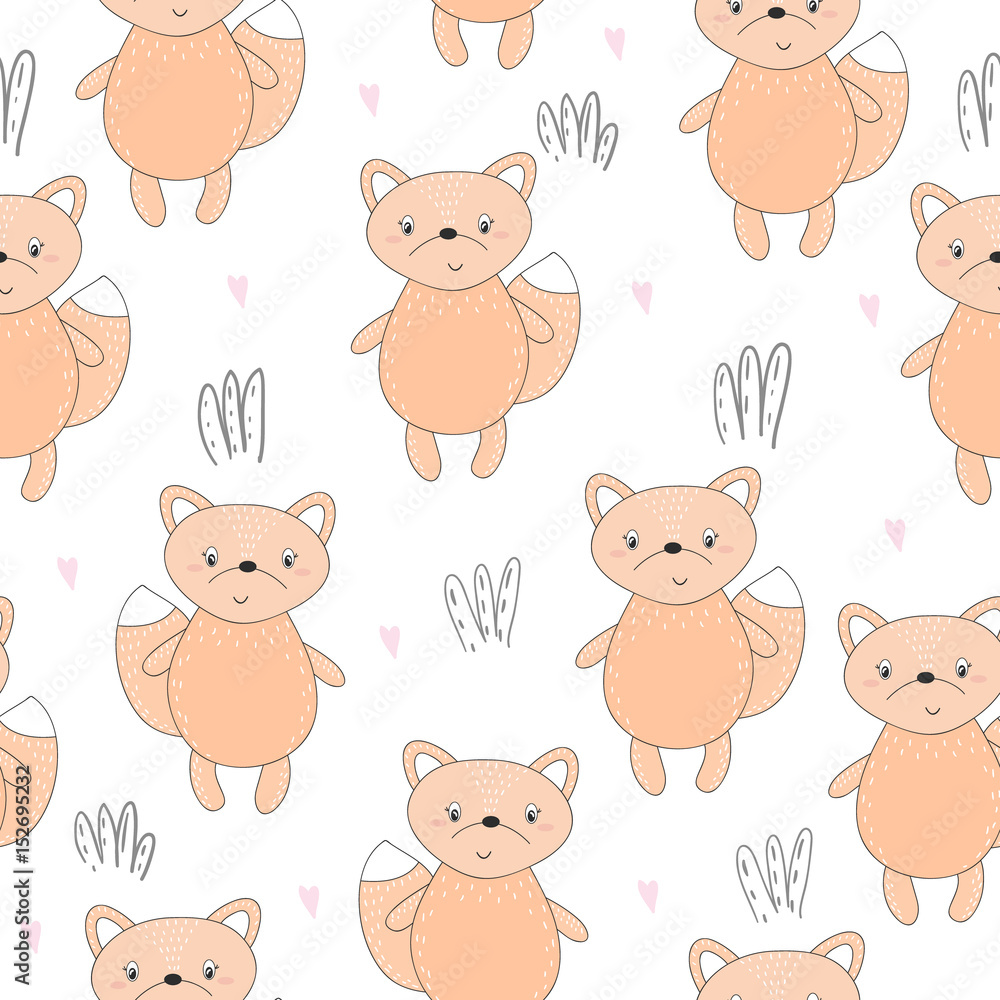 Obraz premium Lovely seamless pattern with cute foxes. Awesome background in bright colors in vector