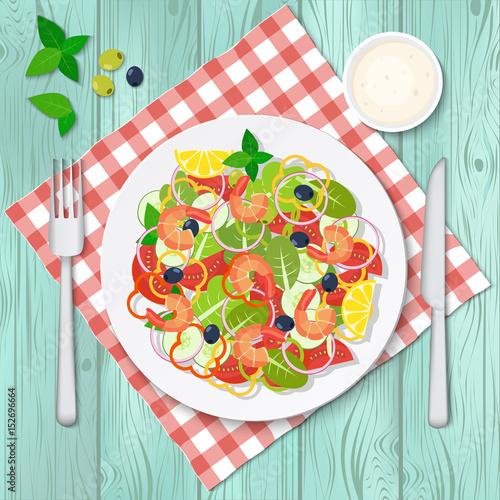 Bowl of salad with vegetables and prawns. Vector illustration.