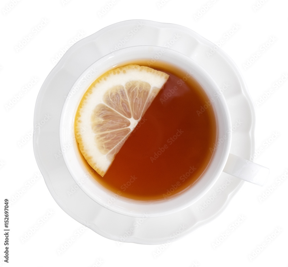 Earl grey tea with lemon slice top view isolated on white background, clipping path included Earl grey tea with lemon slice top view isolated on white background, clipping path included