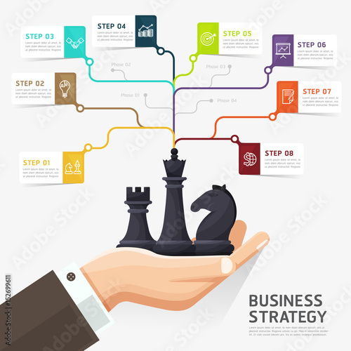 Steps to business strategy concept template. business hand holding chess figure - planning and management. Vector illustration. Can be used for web design, infographics and timeline.