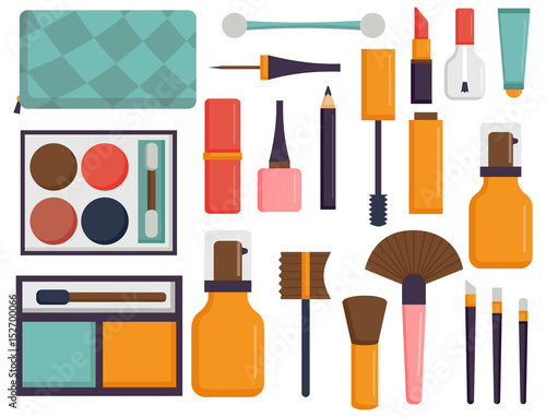 Makeup icons perfume mascara care brushes comb faced eyeshadow glamour female accessory vector.