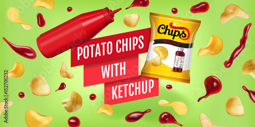 Vector realistic illustration of potato chips with ketchup.