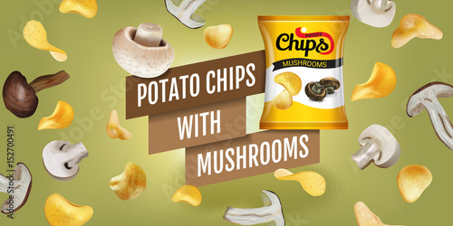Vector realistic illustration of potato chips with mushrooms.