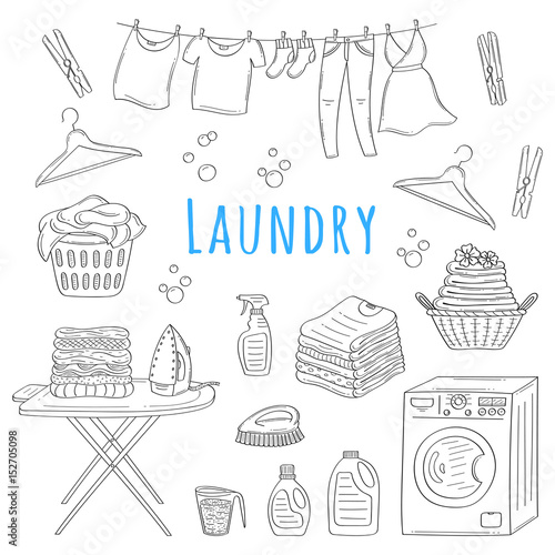 Laundry service hand drawn doodle icons set, vector illustration.