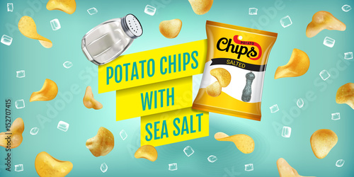 Vector realistic illustration of potato chips with sea salt.
